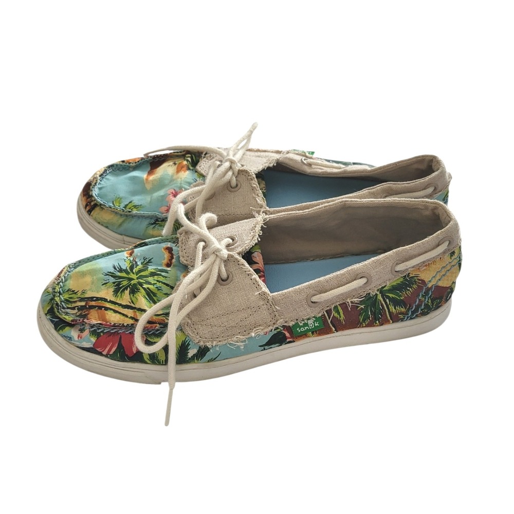 Sanuk Women's 7 Tropical Palm Print Boat Shoes Slip On Loafers Vacation‎ Cruise